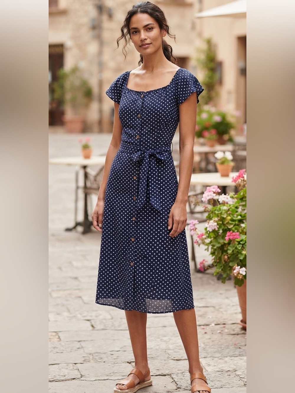 Monteau Navy and White Polka Dot Tie-Waist Midi Dress - Picture 2 of 2